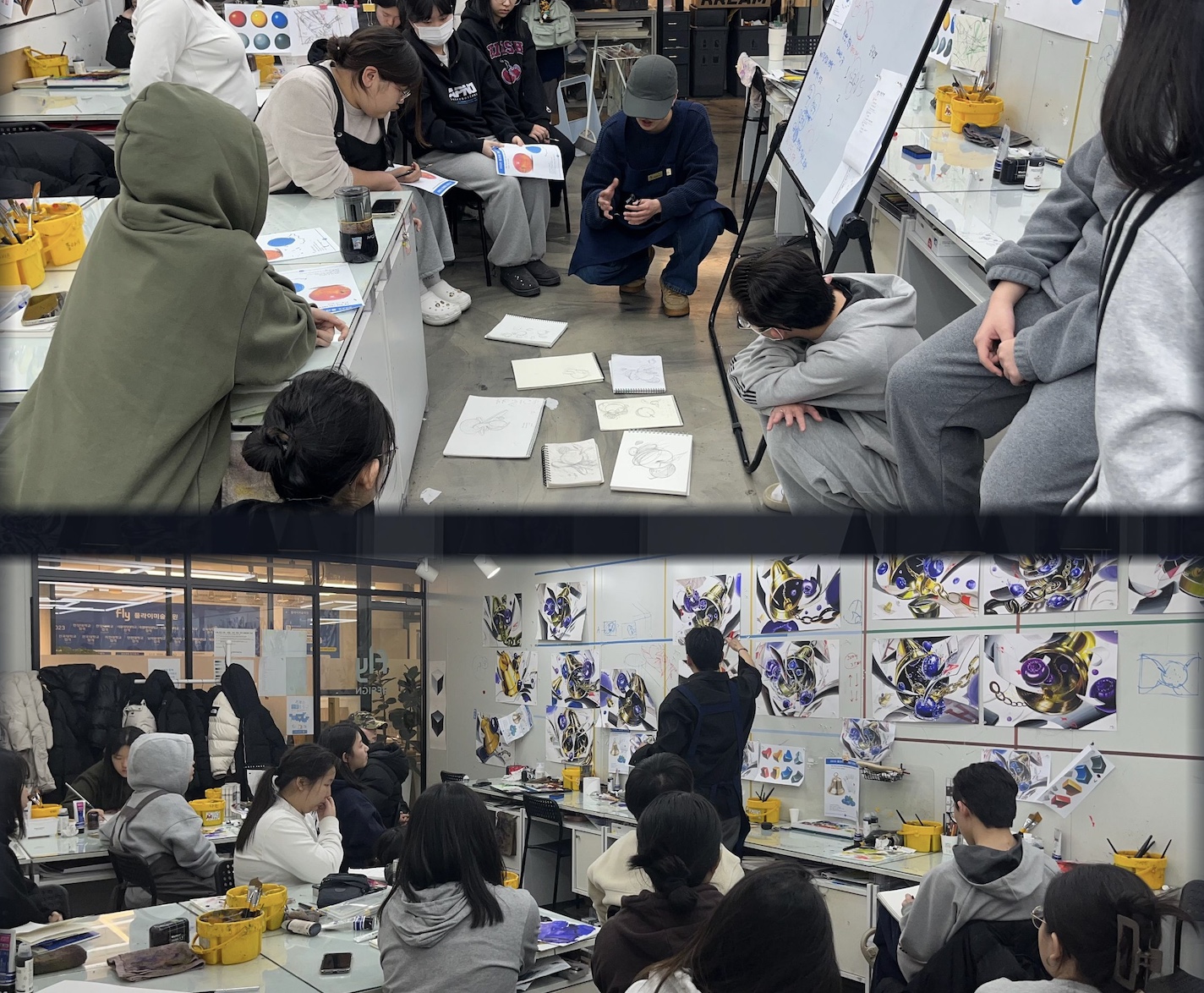 학생들과 드로잉 구성을 검토하고 게시된 작품을 함께 살펴보는 지도 장면